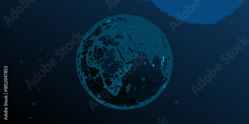 A textured teal sphere dominates a dark blue starry background