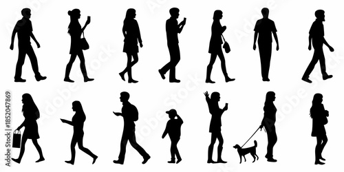 Diverse silhouettes of people walking standing and interacting in an urban setting