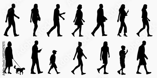 Silhouettes of people walking in different poses and with a dog