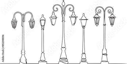continuous one line drawing set of vintage street lampposts.one line  vector illustration  with out background