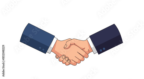 Two business people wearing formal suits performing a strong handshake symbolizing a successful agreement or partnership deal.
