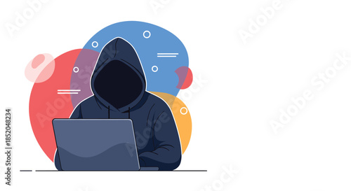 Cyber security concept illustration showing a mysterious hacker in a dark hoodie using a laptop against a background of colorful shapes.