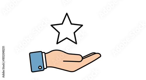 Hand wearing a formal blue cuff reaching upwards towards a glowing outlined five pointed star against a plain white background.