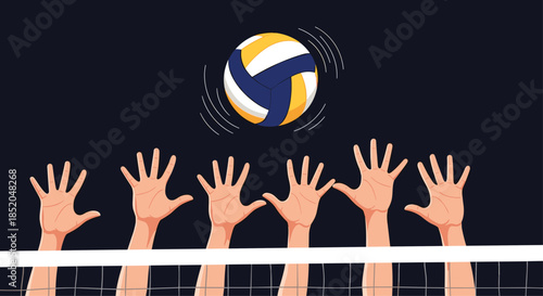 Dynamic scene showing multiple human hands reaching high to block or hit a colorful volleyball over a net during a match.