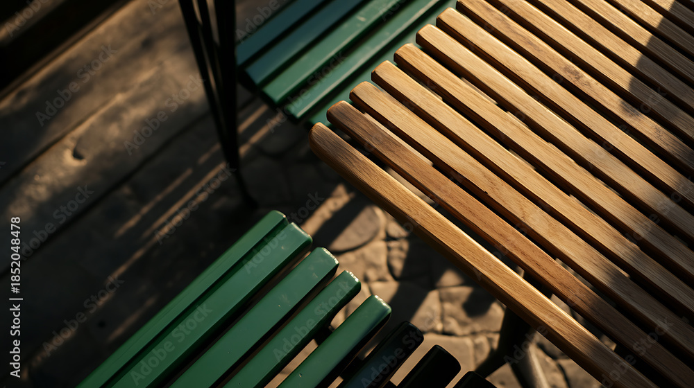 Obraz premium Captivating composition of wooden table and chair slats bathed in warm light, creating a serene and inviting outdoor scene. Simplistic and aesthetically pleasing.