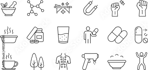 Medical and wellness outline icons set with pills treatment therapy health symbols, minimal healthcare line vector illustration