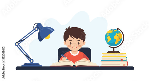 Young boy sitting at his desk studying with an open book, globe, stack of books, and a lamp overhead in a clean illustration.