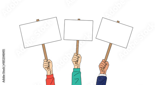 Three human hands holding up blank white rectangular placards on wooden sticks, perfect for protest or announcement messages.