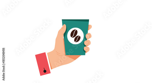 Person holding a small teal green coffee bean package against a white background, suggesting fresh roasted coffee beans.