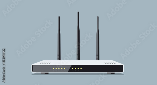 Modern white wireless internet router with three black antennas mounted on a gray wall with yellow status lights glowing.