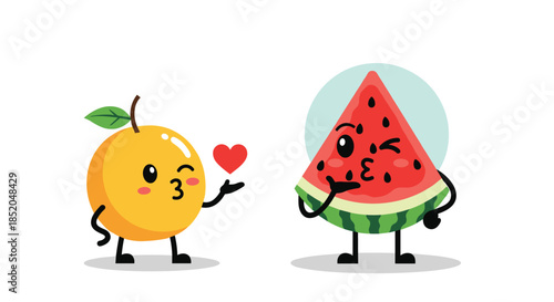 Kawaii style fruit characters featuring a blushing orange and a happy watermelon slice blowing a kiss with a red heart.