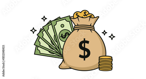 Large brown sack filled with money accompanied by a fan of dollar bills and stacks of gold coins for wealth representation.