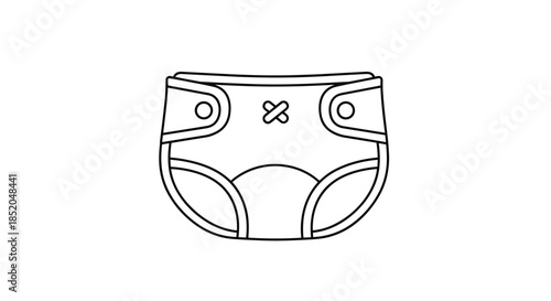 Minimalist black and white line art illustration of a baby diaper showing its construction and fastening tabs for childcare.