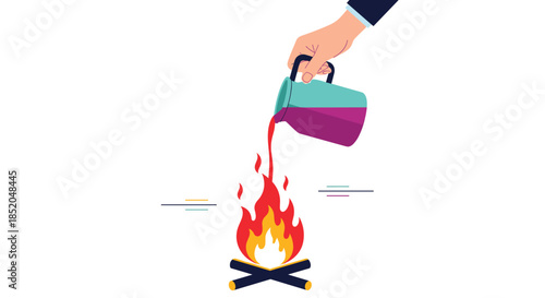 Conceptual illustration of a hand pouring liquid from a pitcher onto a fire, possibly extinguishing it or fueling the flames.