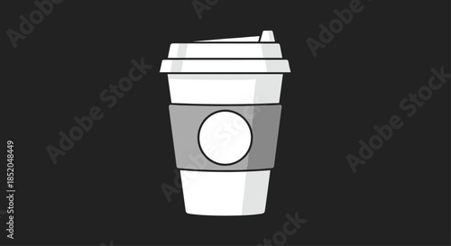 White take away coffee cup with a gray sleeve and lid placed horizontally against a dark black background in a simple style.