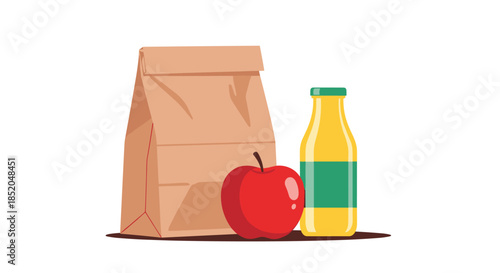 Brown paper lunch bag standing next to a fresh red apple and a bottle of juice, perfect for school or work break themes.