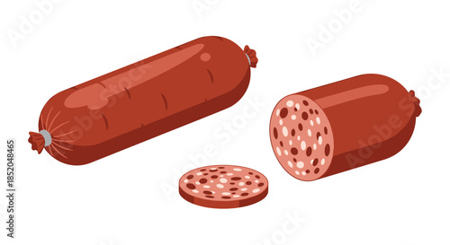 Whole large red salami sausage shown with a thick cut piece and a thin round slice to display the internal texture and meat.