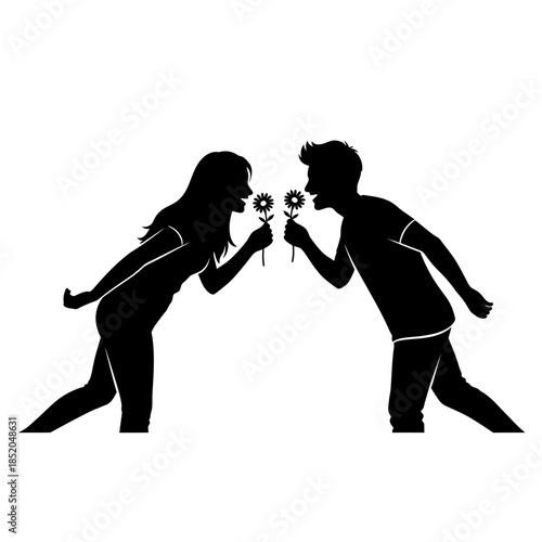 A Dynamic Silhouette of a Young Couple Playfully Smelling a Daisy Together