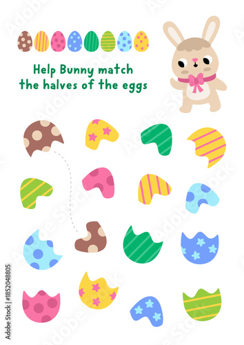 Join halves of the eggs. Easter village matching activity for children. Spring holiday educational quiz worksheet for kids for attention skills. Printable game with cute bunny and colored egg shells