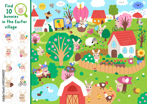 Vector searching game with Easter village landscape. Spot hidden bunnies. Rural seek and find printable activity for kids. Spring holiday worksheet with church, farm animals, blooming trees, birds