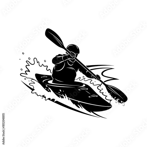 Kayaking Slalom Boat Navigating Rapids Sharp Black Vector Silhouette