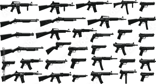 PrintFirearm silhouette collection illustration, rifle shotgun pistol vector graphic, weapon design outline icon, military security sketch art, tactical defense pattern set