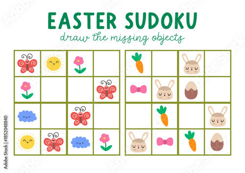 Vector Easter village sudoku puzzle for kids with pictures. Quiz with bunny, chocolate egg, carrot, flower, cloud, sun. Spring holiday activity with traditional symbol. Draw missing object