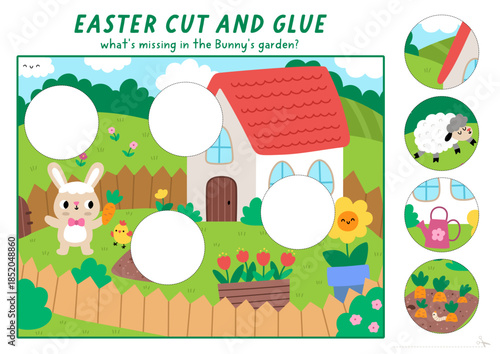 Vector cut and glue activity with Easter village landscape. Spring holiday game with bunny garden, carrots, house. Fill up scene with round sticker. Find right piece of puzzle. Complete picture