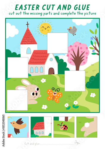 Vector cut and glue activity with Easter village landscape. Spring holiday game with bunny catching butterfly, church. Fill up scene with square sticker. Find right piece of puzzle. Complete picture