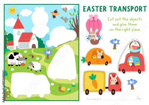 Vector Easter cut and glue activity. Crafting game with cute spring landscape, transport, bunny, church, car, truck. Holiday printable worksheet. Find right piece of the puzzle. Complete picture