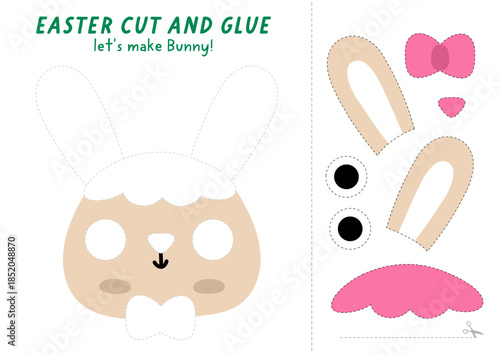 Lets make bunny face cut and glue activity. Easter educational crafting game with traditional character. Find missing parts. Vector spring holiday printable page for kids with cute hare head with bow