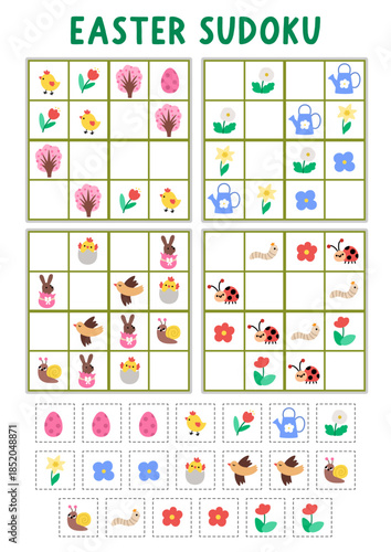 Vector Easter village sudoku puzzle for kids with pictures. Simple spring holiday quiz with cut and glue elements. Education activity with chocolate bunny, egg, chick, flower. Draw missing objects