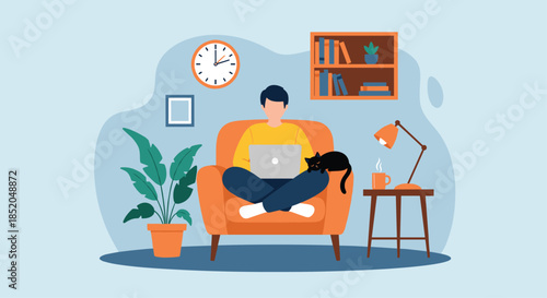 Illustration of a man sitting in an orange armchair working on a laptop with a black cat by his side in a cozy home office.
