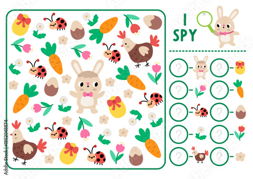 Easter village I spy game for kids. Searching and counting activity with bunny, hen, carrot, colored egg, flower. Printable worksheet for preschool children. Simple spring holiday spotting puzzle