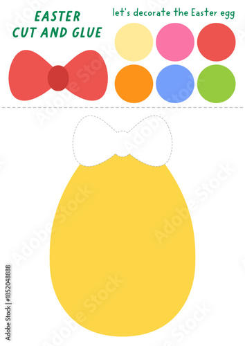 Lets decorate Easter egg cut and glue activity. Educational crafting game with traditional holiday symbol, dots, bow. Find missing parts. Vector spring printable page for kids