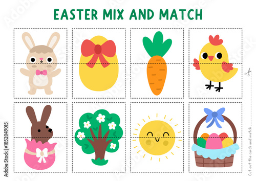 Vector Easter mix and match puzzle. Matching activity for preschool kids with holiday symbols. Spring printable game with bunny, colored egg, blooming tree, carrot, chick, basket and sun