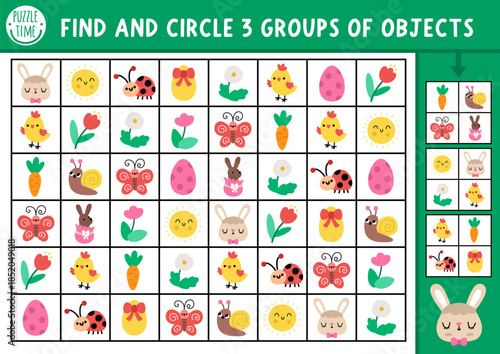Easter seek and find game with traditional symbols. Attention training puzzle with bunny, colored egg, flower. Printable activity for kids. Spring holiday searching puzzle. Find groups of objects
