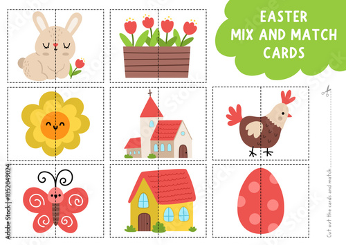Vector Easter mix and match puzzle. Matching activity for preschool kids with holiday symbols. Spring printable game with bunny, colored egg, tulips, butterfly, hen, country house, flower, church