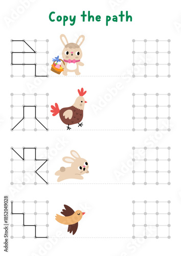 Easter drawing, writing, tracing, space orientation activity for kids with traditional characters. Draw lines in square box according example. Spring holiday printable game with bunny, hen, bird