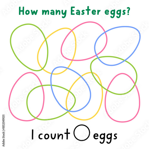 Easter tracing, counting, shape and line recognition activity with colored eggs. Spring holiday counting math puzzle with ornament contours. Find and count silhouette printable worksheet for kids