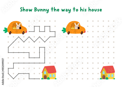 Easter village drawing, writing, tracing, space orientation activity for kids with bunny driving to house. Draw lines in box according example. Spring holiday printable game, puzzle