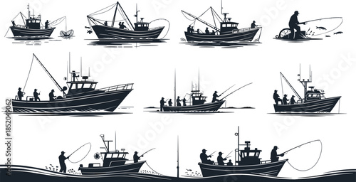 PrintFishing boat silhouette illustration, fisherman activity vector, sea fishing design outline icon, maritime industry sketch graphic, coastal water lifestyle art