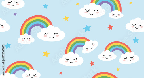 Cute seamless pattern for children with smiling clouds, colorful rainbows, and bright stars on a soft light blue background.