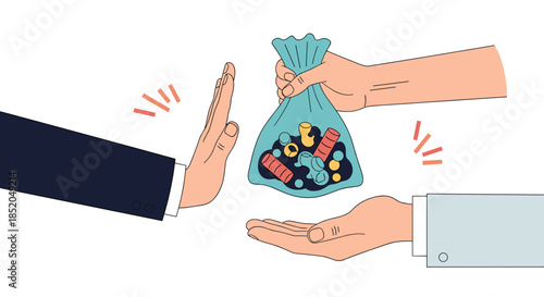 Business professional refusing a bribe or illegal payment offered in a blue bag representing ethical conduct and honesty at work.