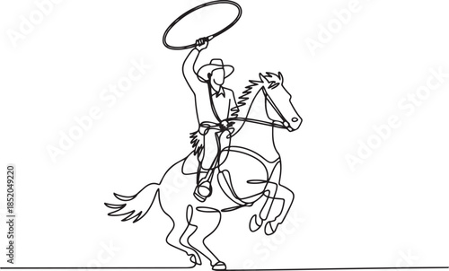 cowboy with lasso on rearing horse. Cowboy with rope lasso on horse. American cowboy riding horse and throwing.one line  vector illustration  with out background