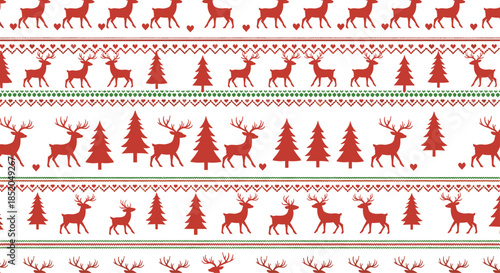 Festive red and green nordic christmas pattern featuring silhouettes of reindeer and pine trees for seasonal holiday decorations.