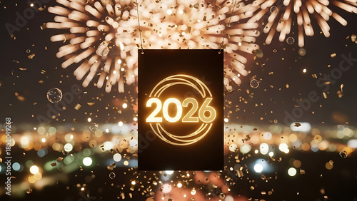 Celebrate the new year 2026 with golden fireworks and falling confetti above the city