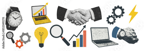 Business Technology Collage – Innovation, Strategy & Productivity Icons in Retro Style