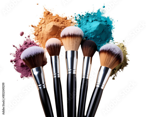Flatlay of Five Professional Makeup Brushes with Colorful Powder on Neutral Backgrou