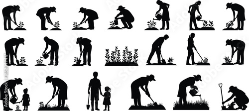 PrintGardening activity silhouette illustration, planting watering digging vector graphic, people garden work design outline icon, nature care sketch art, outdoor lifestyle set